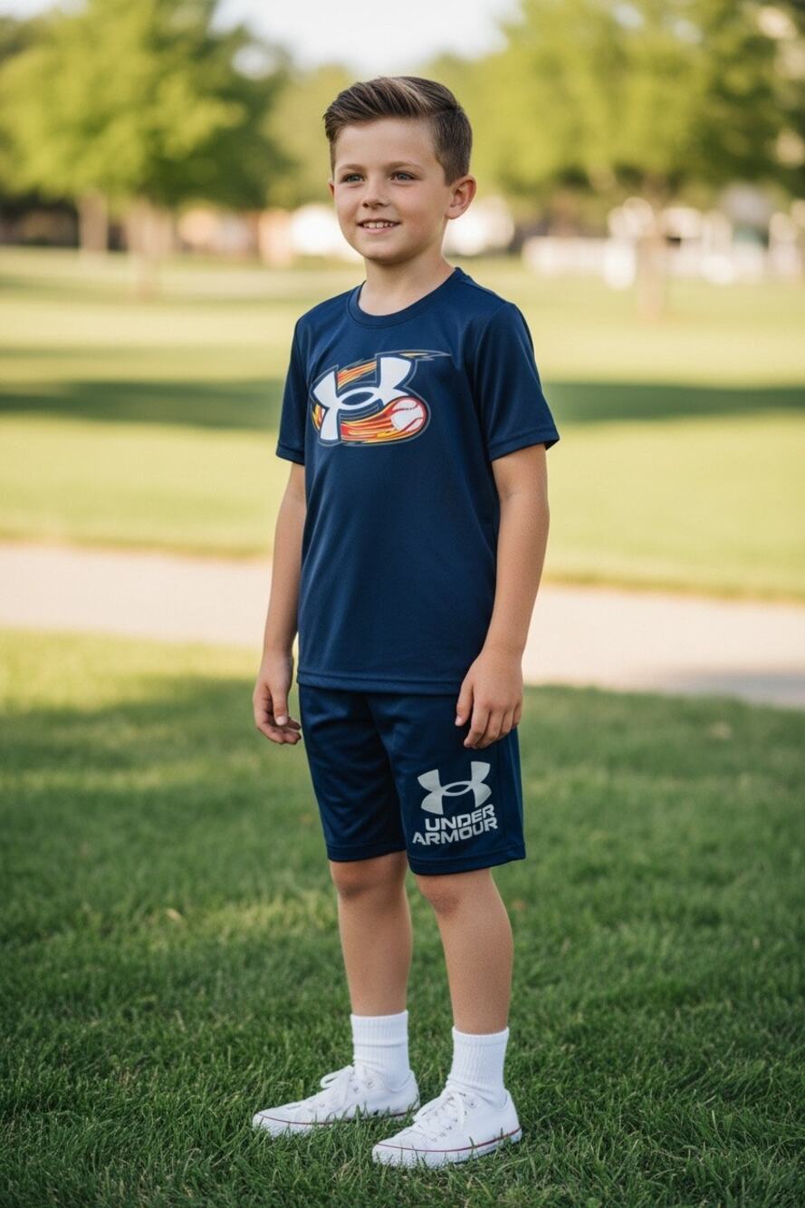 Under Armour Youth 2 Piece Athletic Outfit Set Navy Blue Baseball Graphic Sz 7
